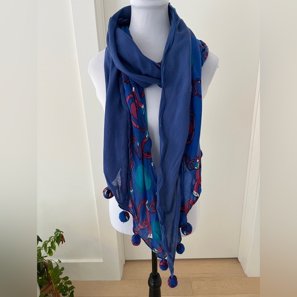SCARF Blue Sheer Bias Cut Two Tone Blue Circles Pom Poms Ruffle Artsy Casual - Picture 6 of 12